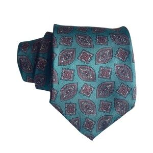 Oscar de la Renta Couture Men’s Teal Red Paisley Silk Necktie 4” Wide